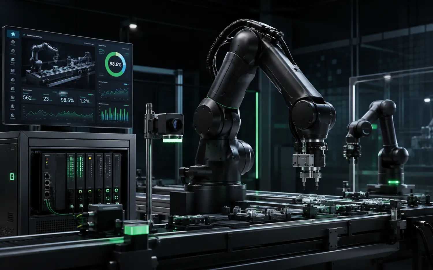 Sistem robotika industri MAS dengan lengan robot dan conveyor otomatis